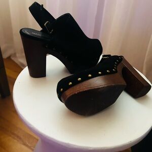 Olivia Miller Women's Black Brown Buckled Studded Slingback Clog Heels Size 9